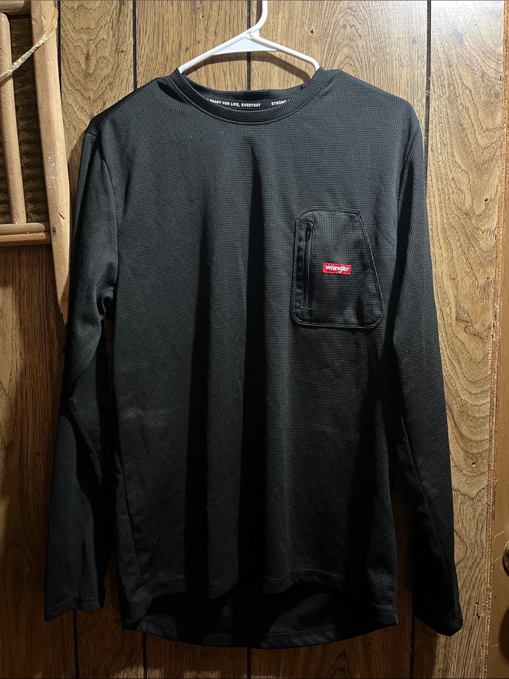 Wrangler Black Long Sleeve Pocket Tee with Red Logo